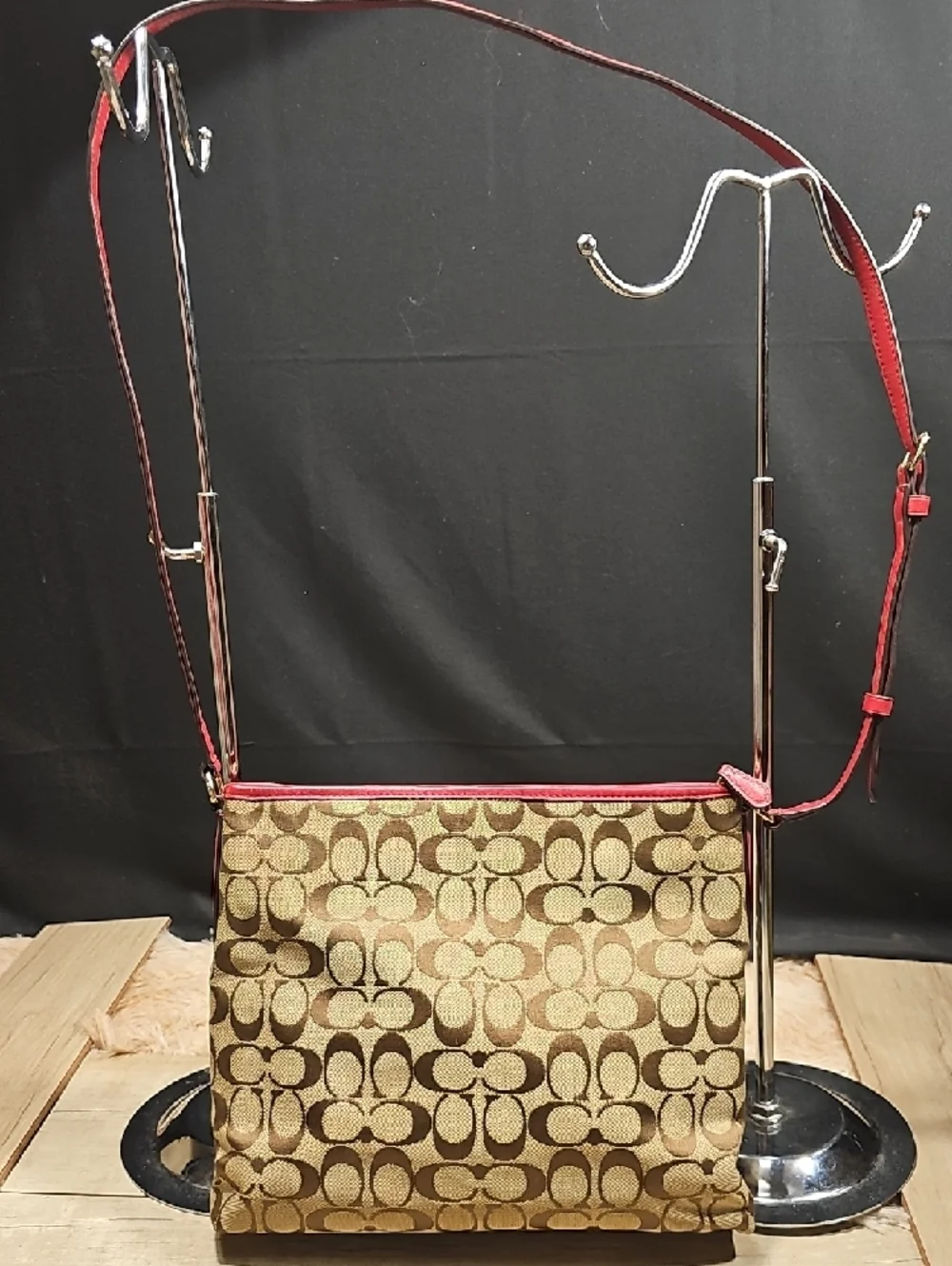 Coach Brown Signature Crossbody with Red Trim